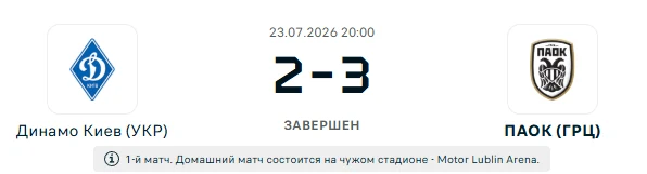 Динамо Киев - ПАОК результат матча от 23 июля